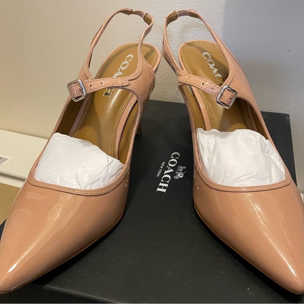 Coach Simonna Patent/Patent Shell/Shell, 3-1/2” heels; new in box, never worn.